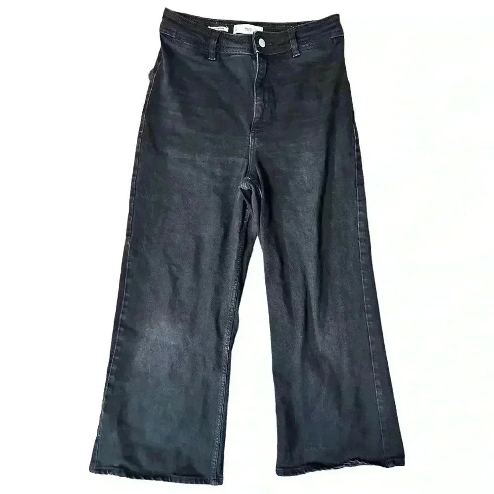 MNG Mango Size 6 Faded Black Cotton Denim High Rise Wide Leg Jeans